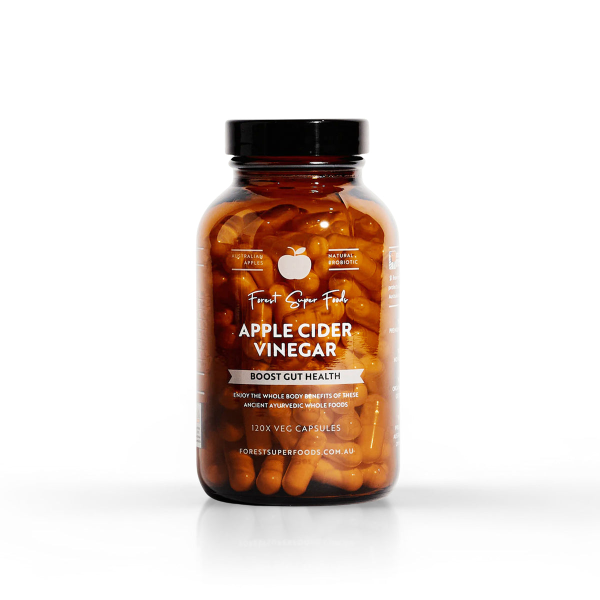 Australian Apple Cider Vinegar Capsules bottle with 120 capsules supporting gut health and digestion by Forest Super Foods