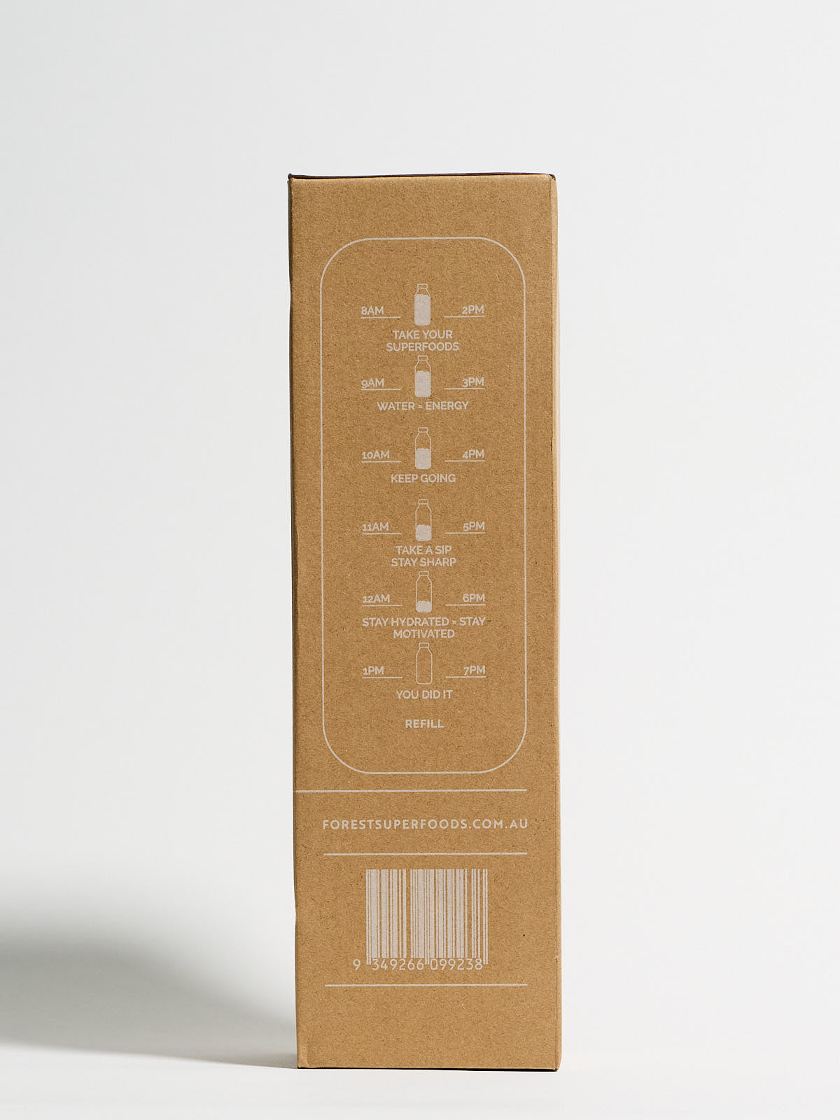 Borosilicate Glass Drinking Bottle packaging showing hydration time markers and motivational reminders in minimalist design