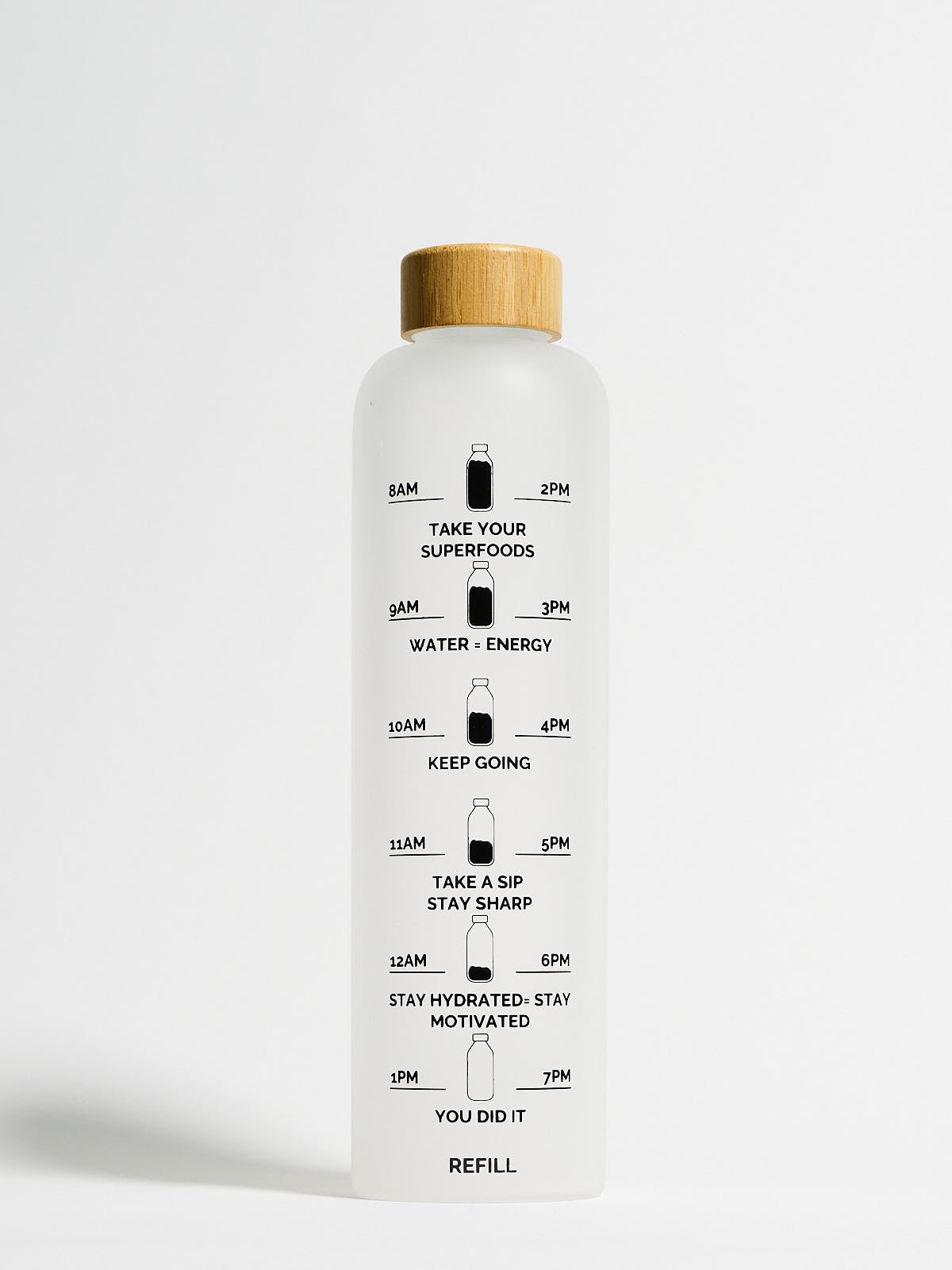 Borosilicate Glass Drinking Bottle with bamboo lid featuring hourly time markers and motivational hydration reminders