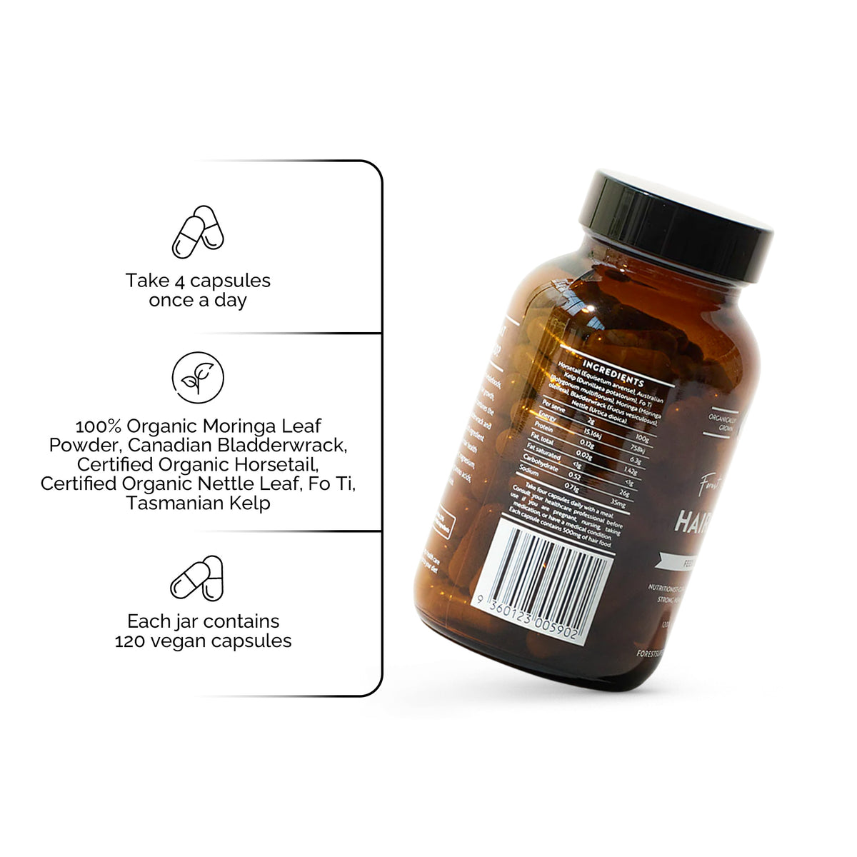 Hair Food bottle with 120 vegan capsules featuring organic moringa, bladderwrack, horsetail, nettle leaf, and kelp for hair health