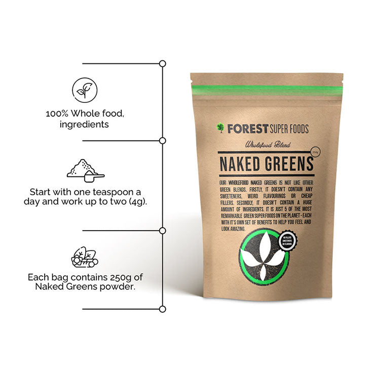 Naked Greens Whole Multivitamin Powder pouch with 100% whole food, organic ingredients and recommended daily teaspoon serving size