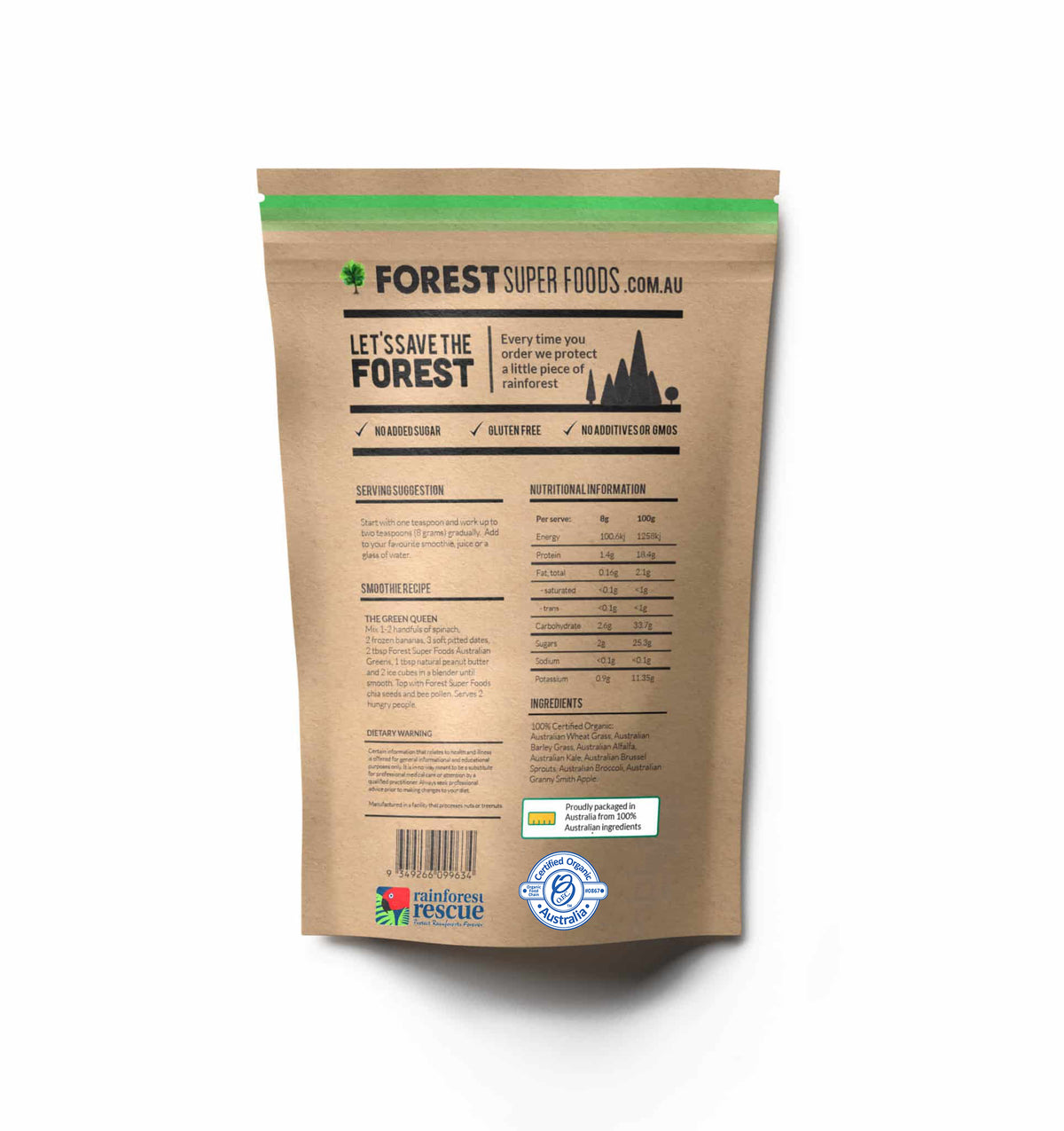 Back of Australian Greens Whole Food Capsules pouch showing nutrition facts and Forest Super Foods rainforest rescue badge