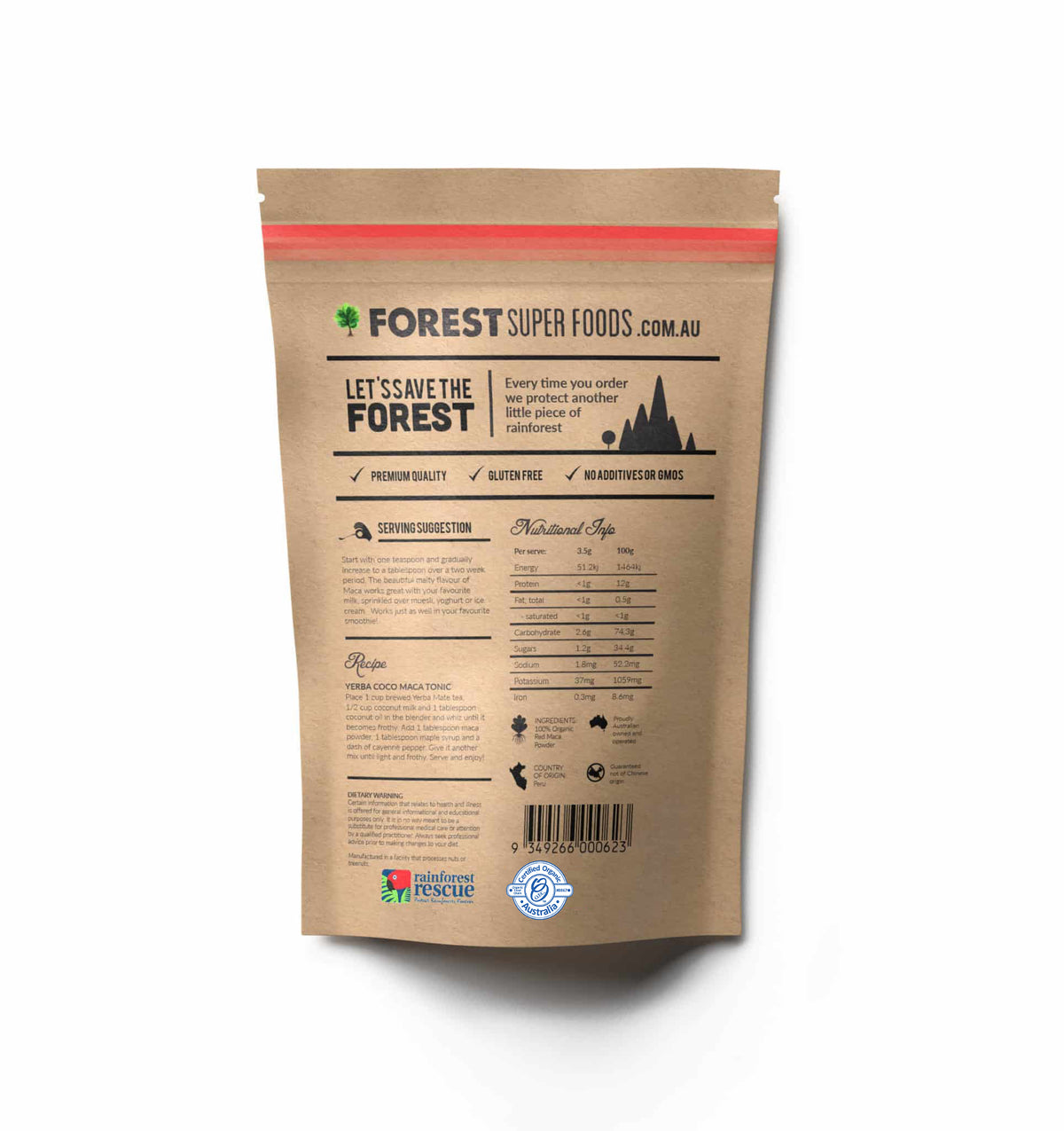 Back of Certified Organic Red Maca Root Capsules pouch by Forest Super Foods showing nutrition and rainforest rescue logo