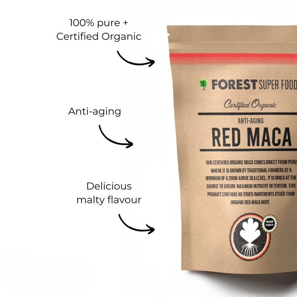Certified Organic Red Maca Root Powder by Forest Super Foods with anti-aging benefits and malty flavor from Peru-grown root