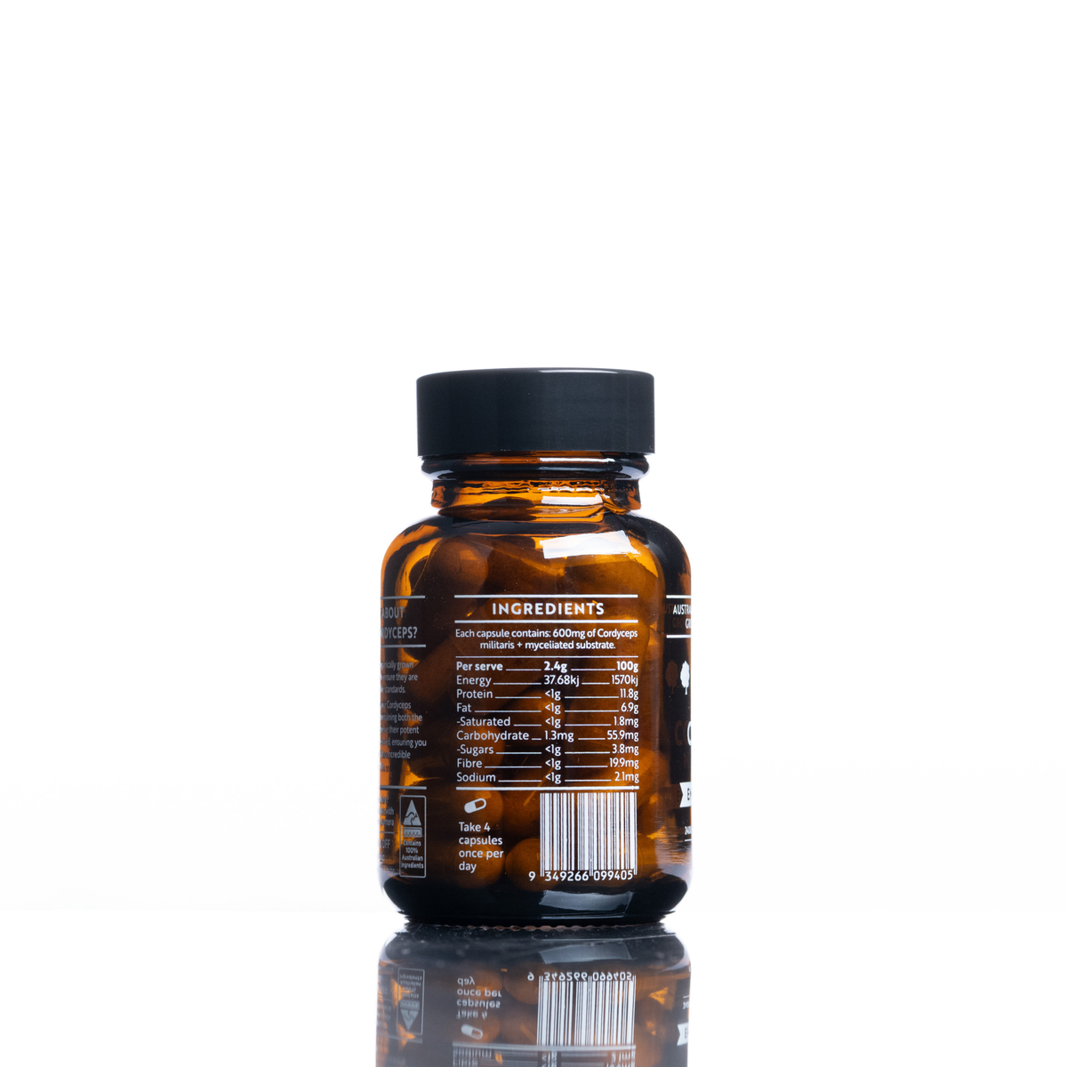 Amber bottle showing nutrition facts and ingredients for Mini Australian Grown Cordyceps Mushroom capsules by Forest Super Foods