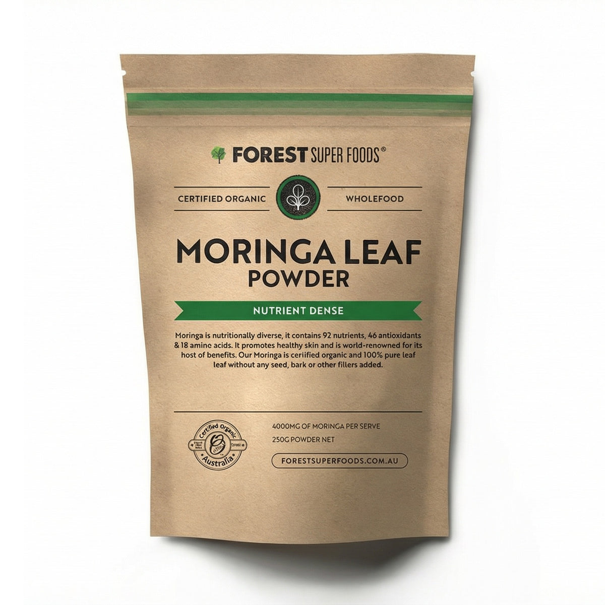 Forest Super Foods Organic Moringa Leaf Powder bag showing nutrient dense organic wholefood with 4000mg per serve details