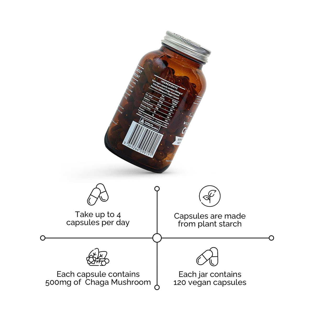 Wild Chaga Mushroom (Canada) amber jar with 120 vegan capsules, plant starch, and 500mg Chaga per capsule dosage information