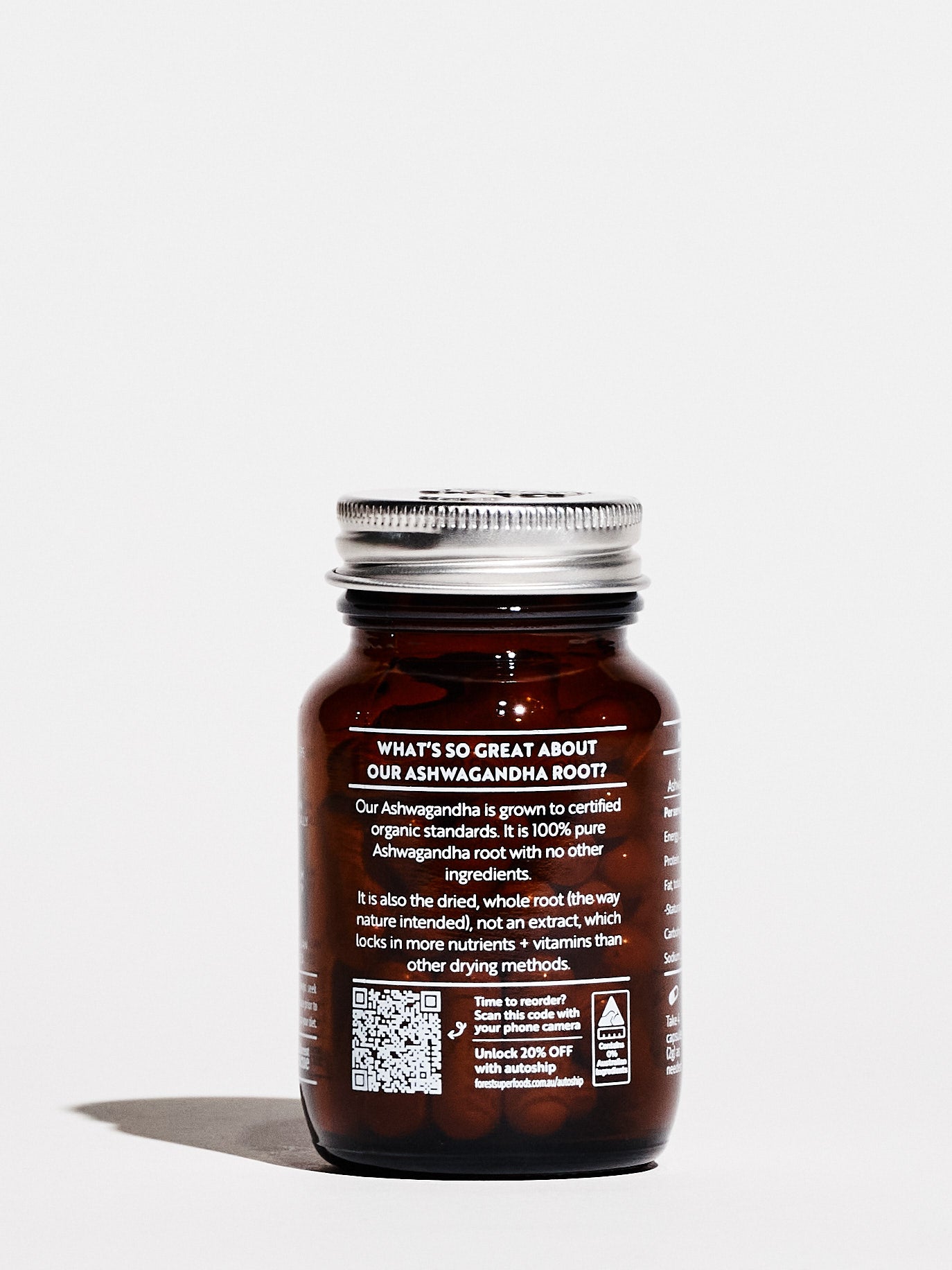 Mini Pure Ashwagandha Root Capsules amber jar showing ingredient details and organic certification label
