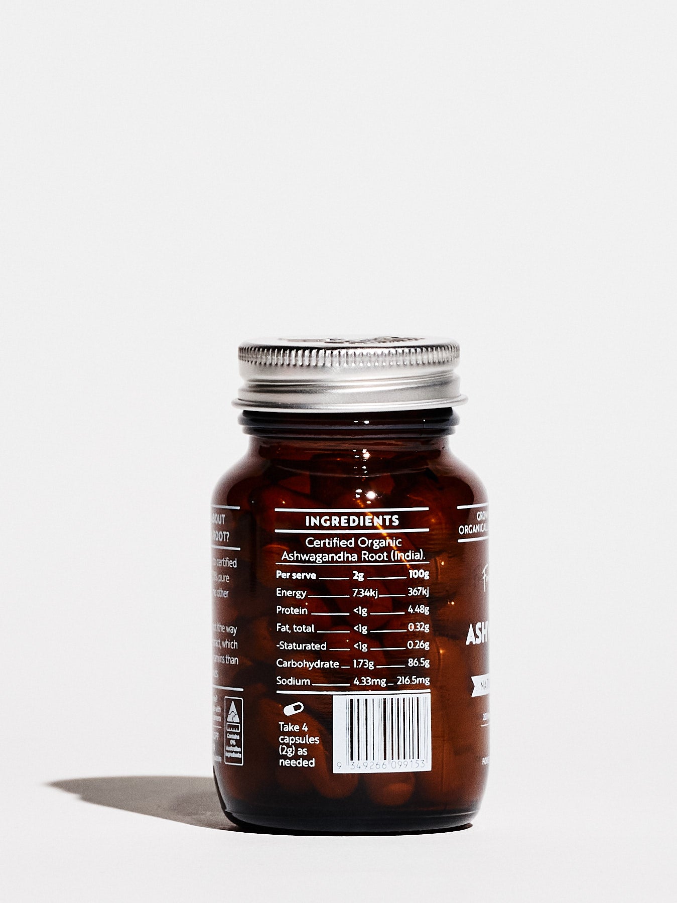 Mini Pure Ashwagandha Root Capsules amber jar showing nutrition facts and certified organic ingredient label
